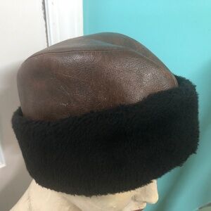 3/$32 VTG 60s Menss Brown Vinyl & Fx Black Fur Trimmed Cap Russian Cossack Hat